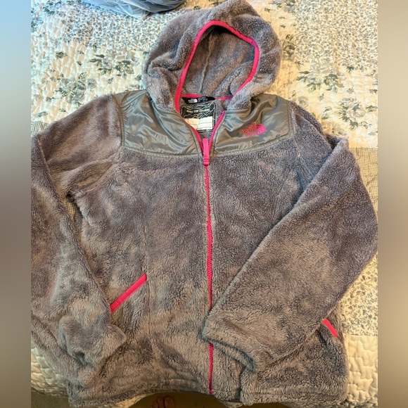 The North Face Kids Gray and Pink Hooded Fleece Jacket - Picture 1 of 2